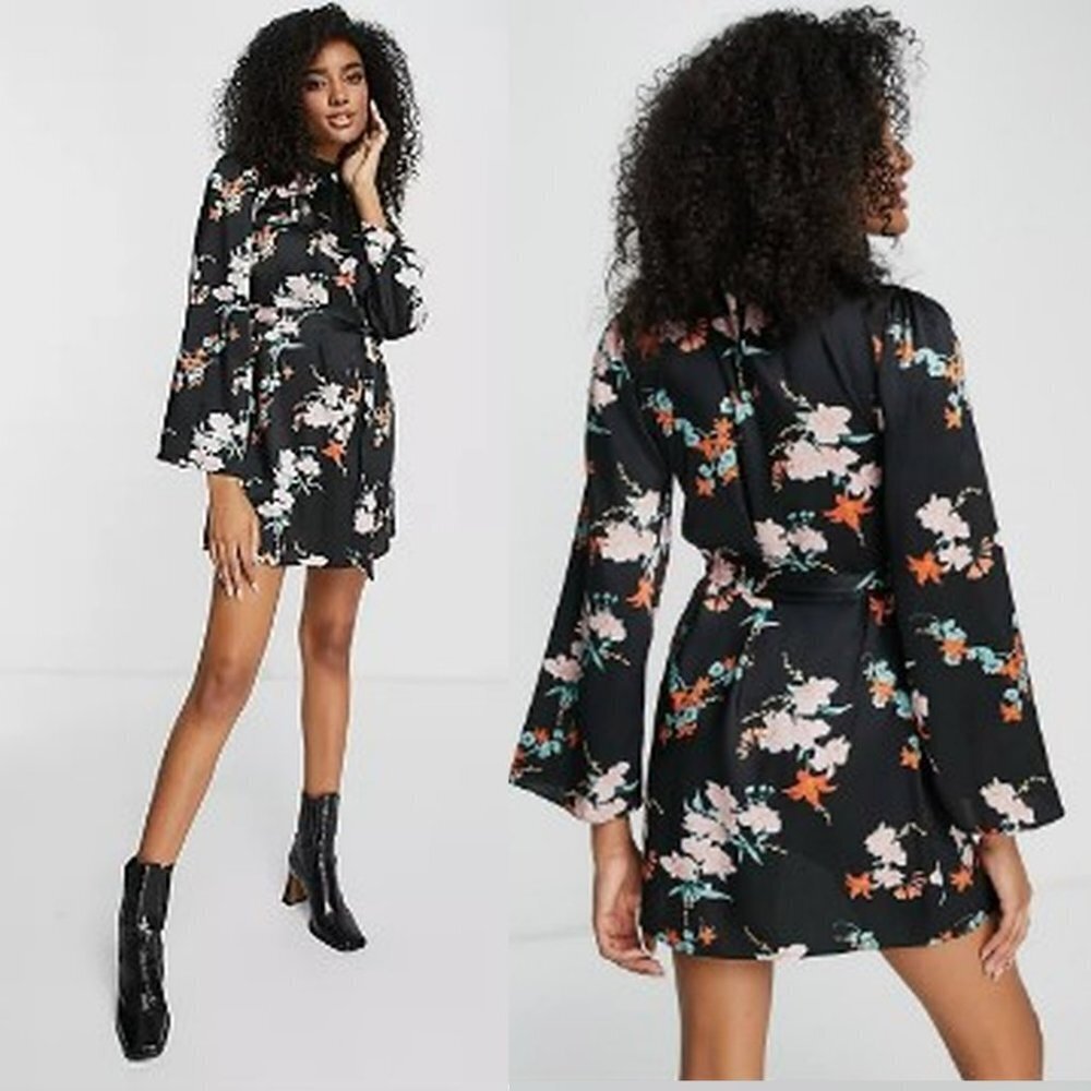 River Island Floral Black Mini Dress Size 4